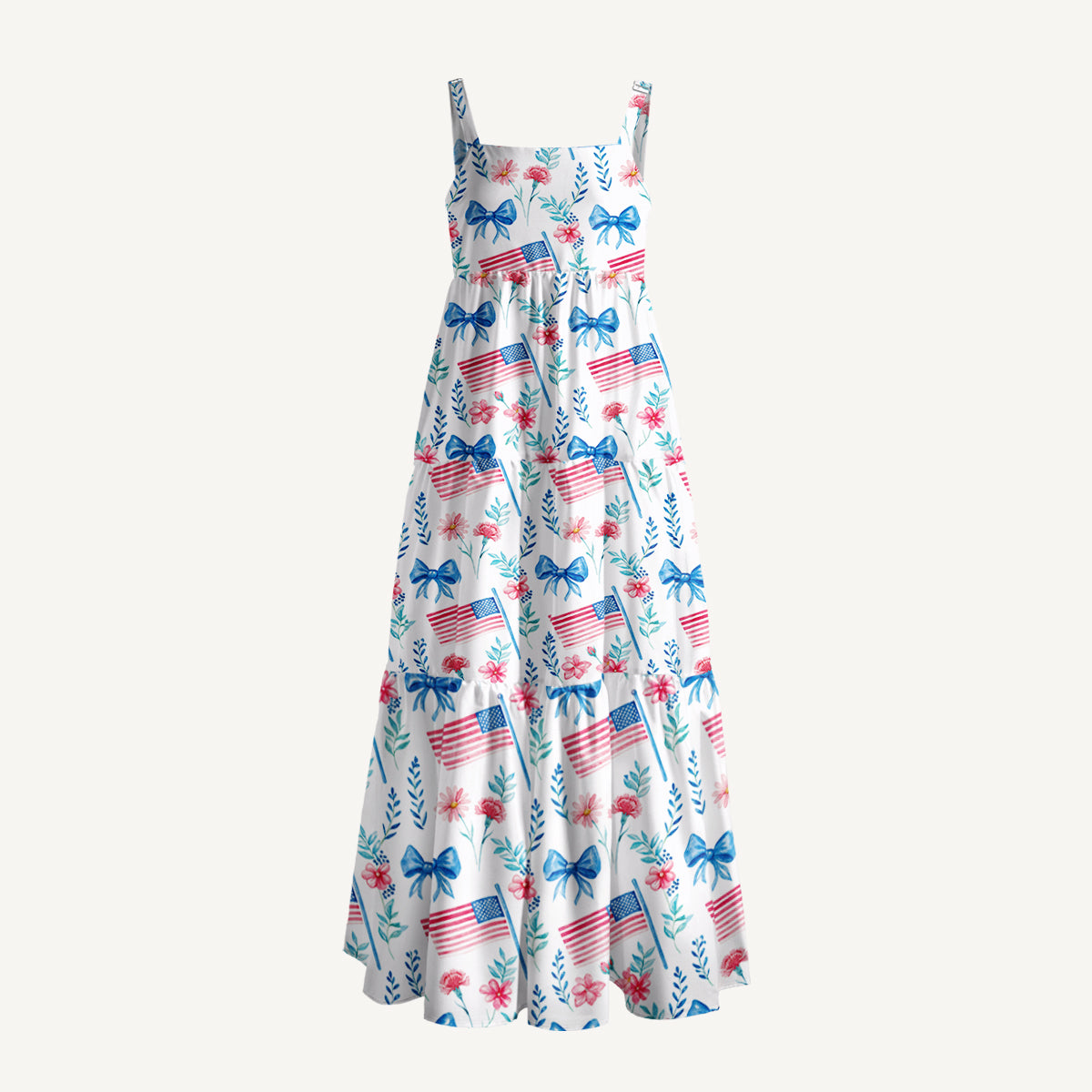 Pastel USA Flag Print Wide Straps Maxi Dress With Pockets
