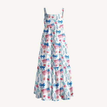 Pastel USA Flag Print Wide Straps Maxi Dress With Pockets