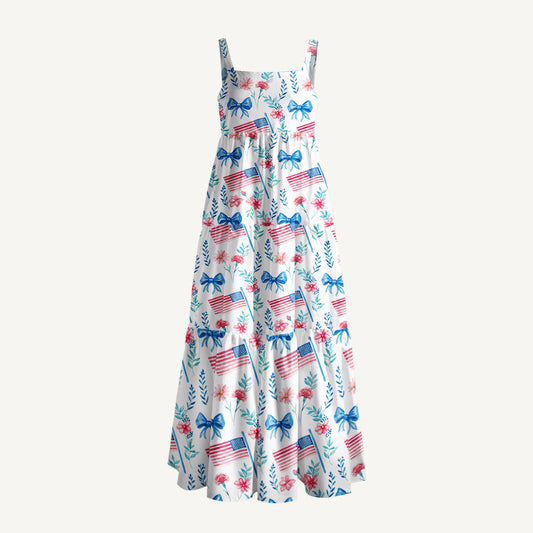Pastel USA Flag Print Wide Straps Maxi Dress With Pockets
