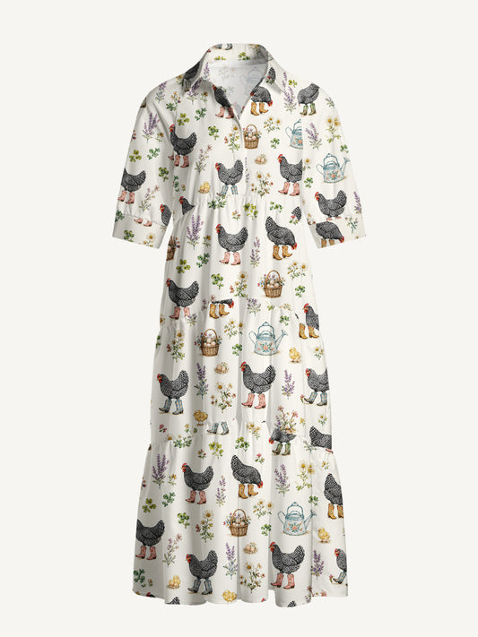 V Neck Collared Booted Chickens Print Casual Midi Dress With Pockets