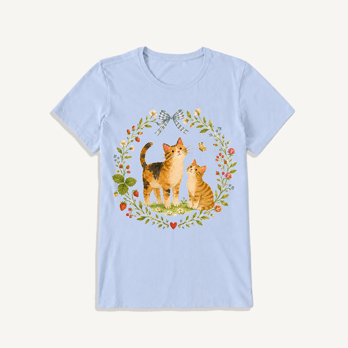 Strawberry Garden Cats Print Crew Neck Cotton Tee