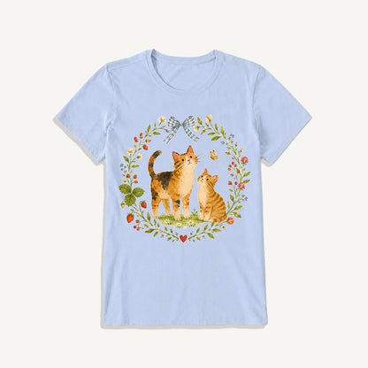 Strawberry Garden Cats Print Crew Neck Cotton Tee