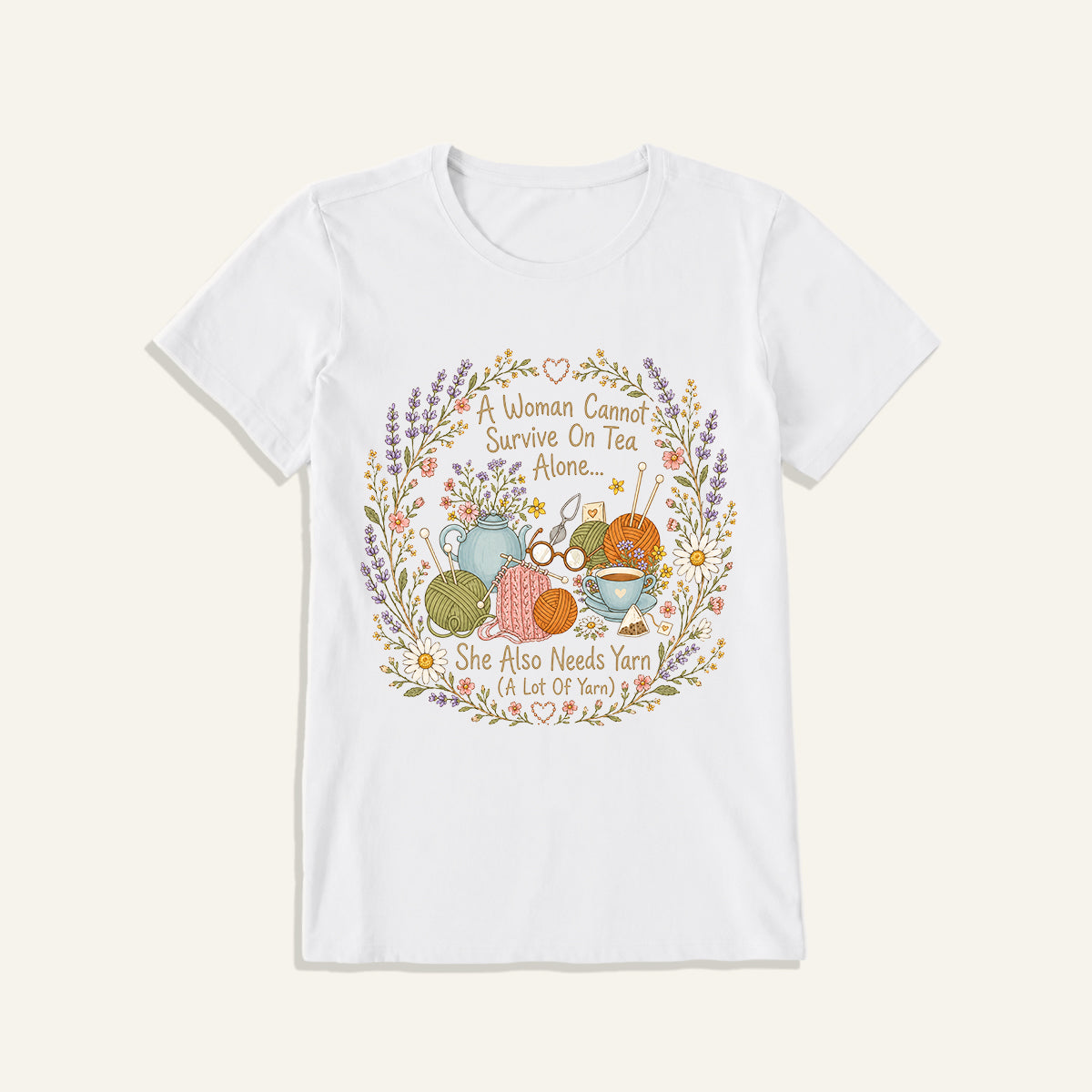 Vintage Floral Knitting Circle Print Crew Neck Cotton Tee