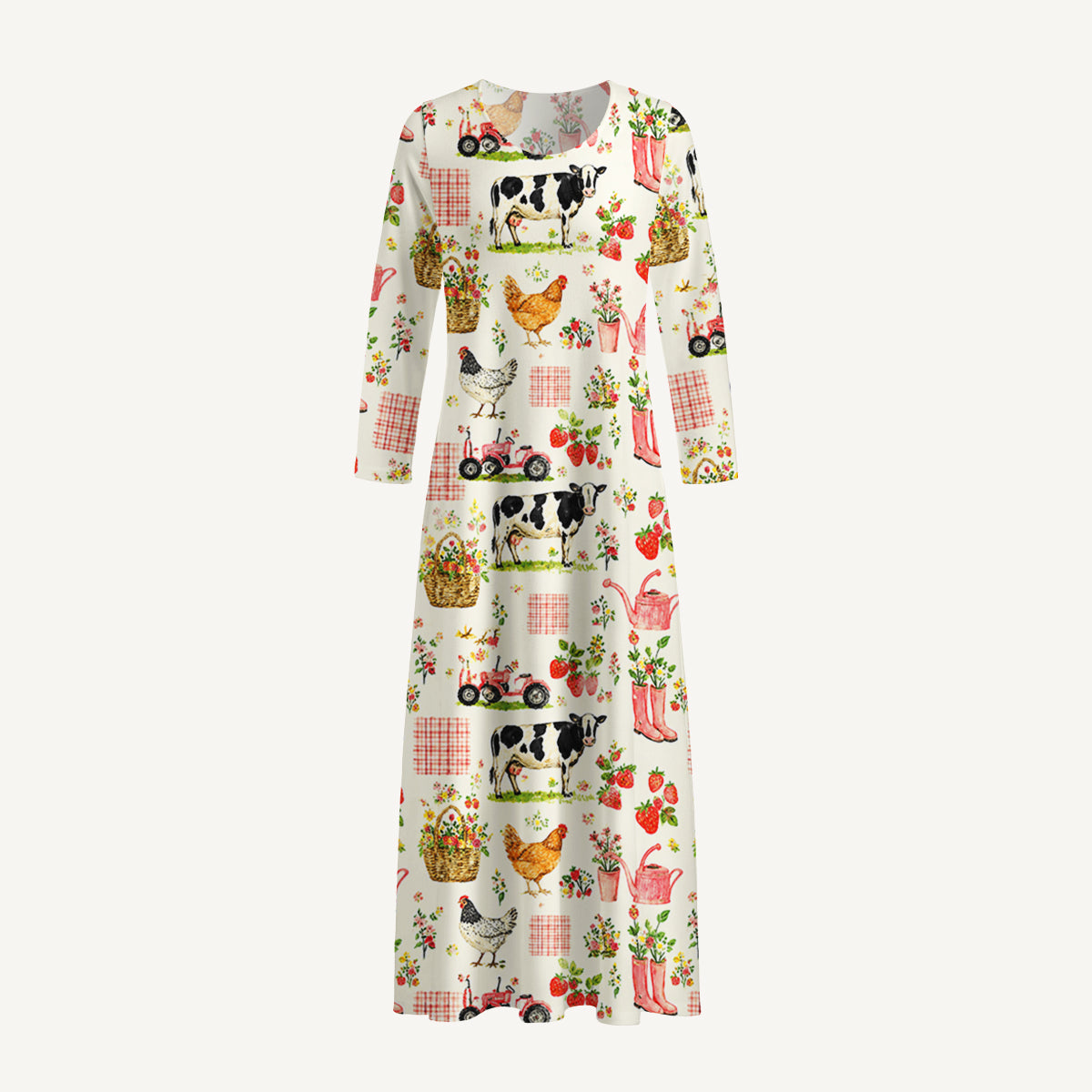 Watercolor Pink Farm Chicken Print Soft-Touch Stretch Knit Long Sleeve Maxi Dress with Pockets