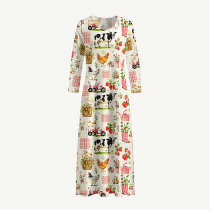 Watercolor Pink Farm Chicken Print Soft-Touch Stretch Knit Long Sleeve Maxi Dress with Pockets