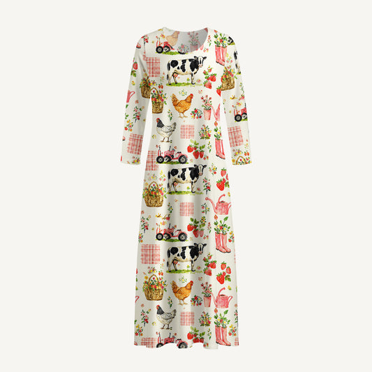 Watercolor Pink Farm Chicken Print Soft-Touch Stretch Knit Long Sleeve Maxi Dress with Pockets