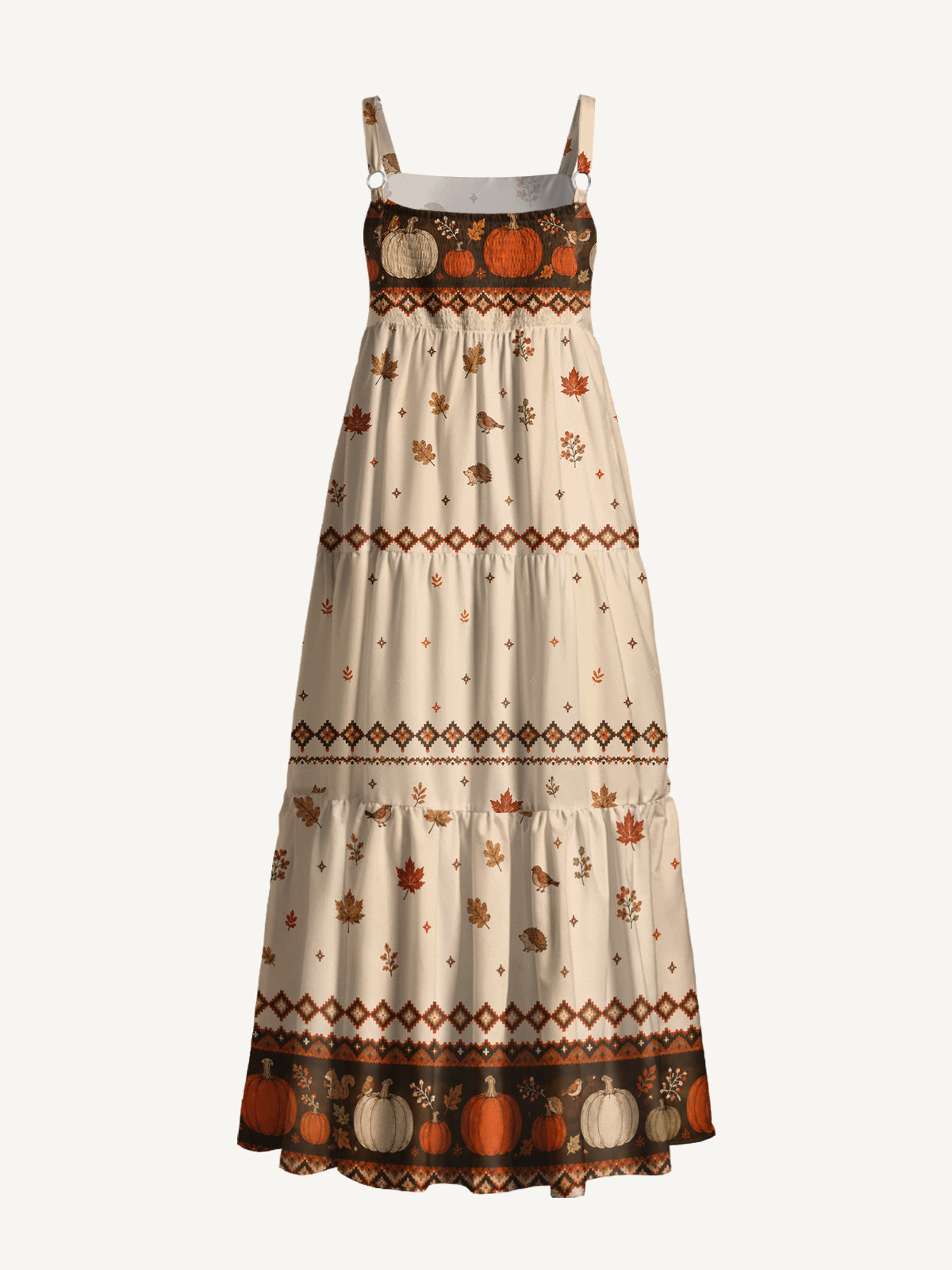 Woodland Pumpkin Harvest Print Wide Straps Maxi Dress With Pockets