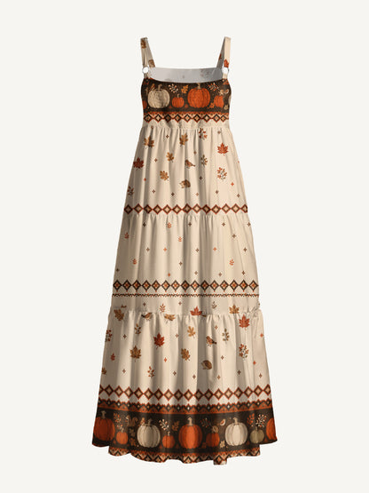 Woodland Pumpkin Harvest Print Wide Straps Maxi Dress With Pockets