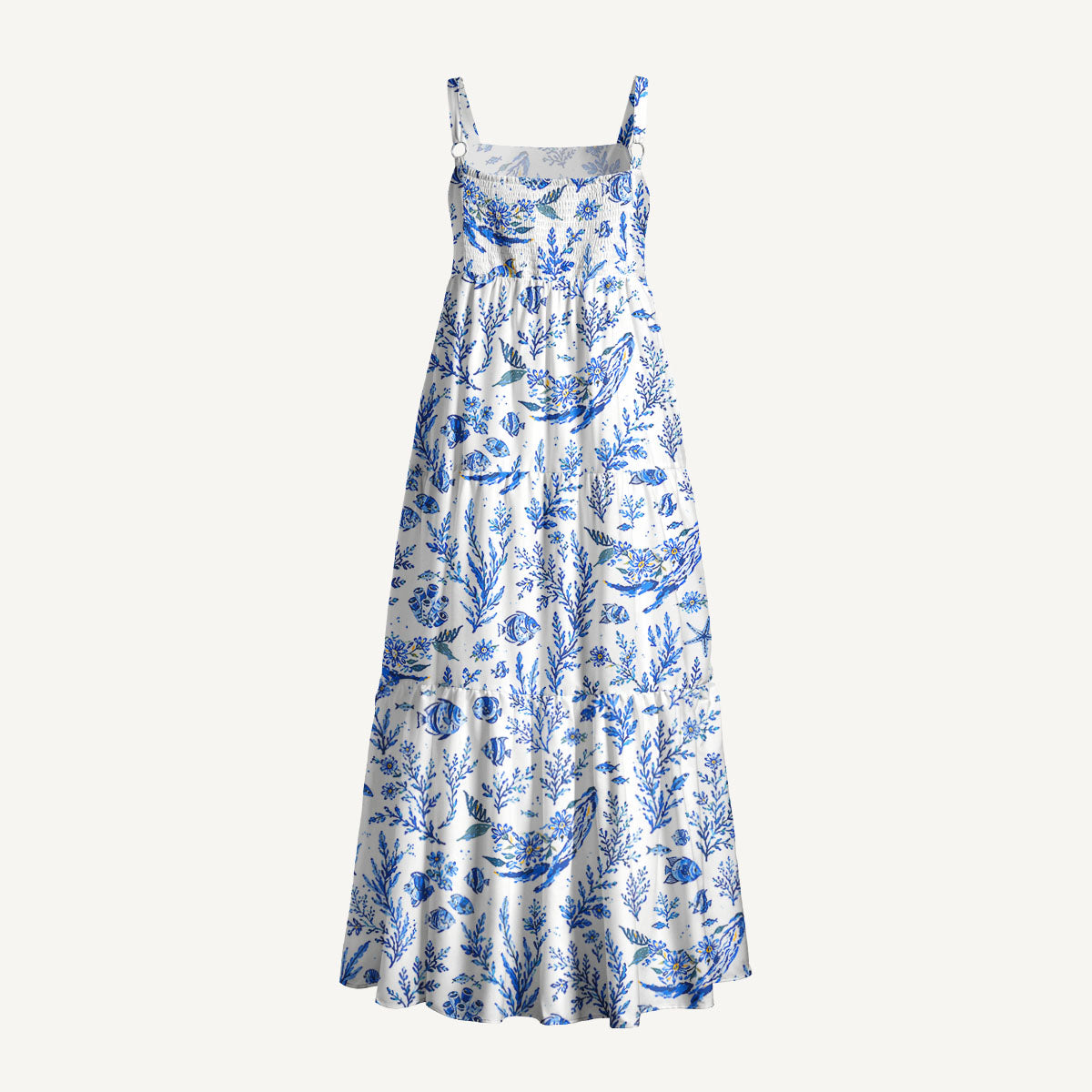 Delft Blue Coastal Garden Print Wide Straps Maxi Dress With Pockets