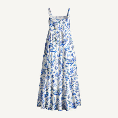Delft Blue Coastal Garden Print Wide Straps Maxi Dress With Pockets