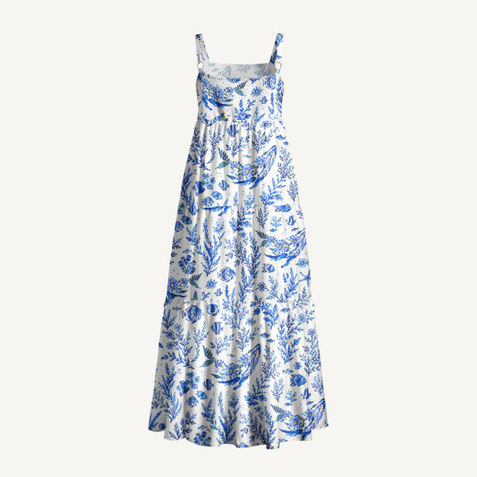 Delft Blue Coastal Garden Print Wide Straps Maxi Dress With Pockets