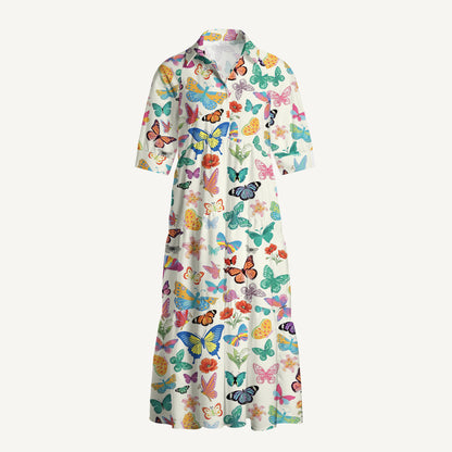 V Neck Collared Rainbow Butterfly Garden Print Casual Midi Dress With Pockets