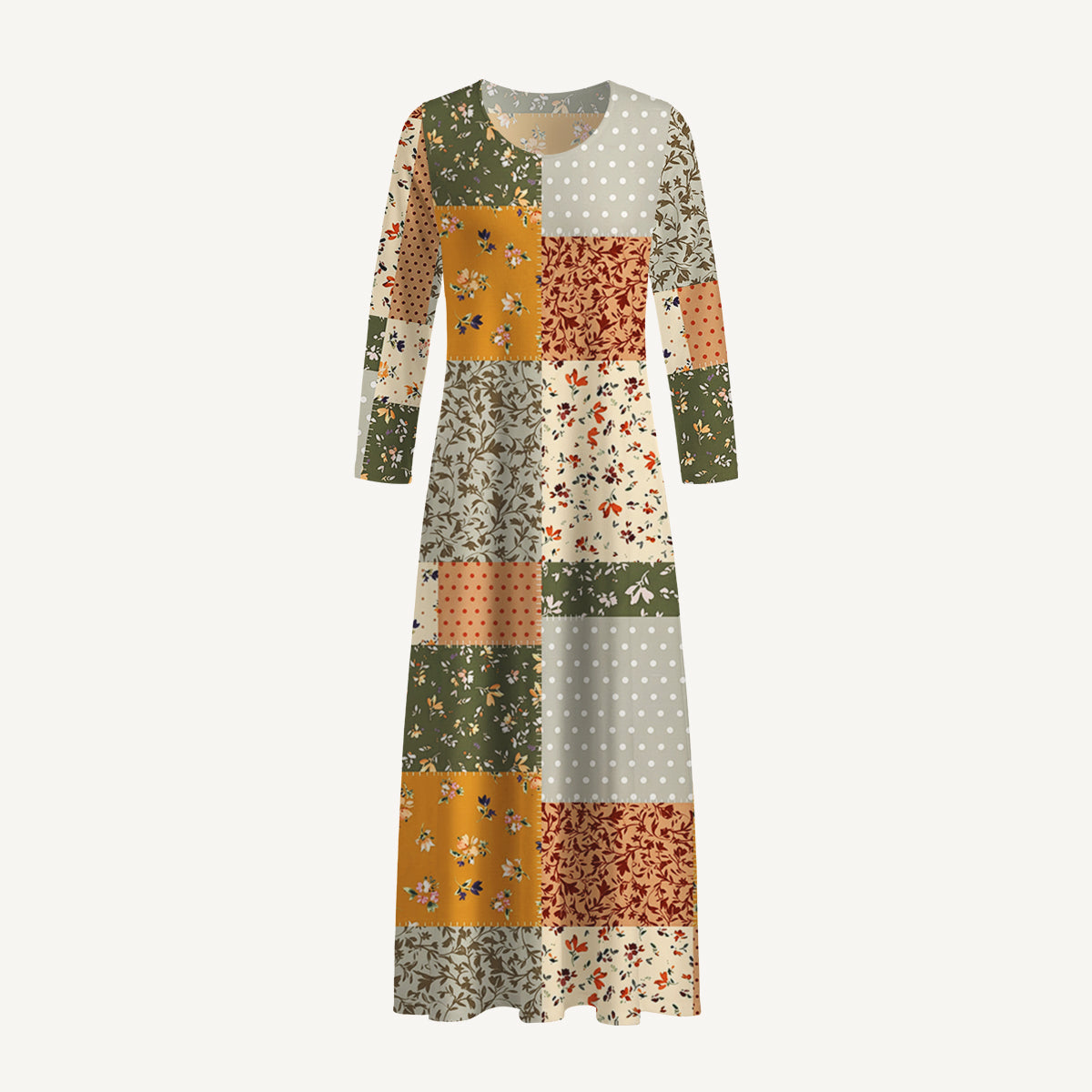 Rustic Floral Patchwork Print Soft-Touch Stretch Knit Long Sleeve Maxi Dress with Pockets