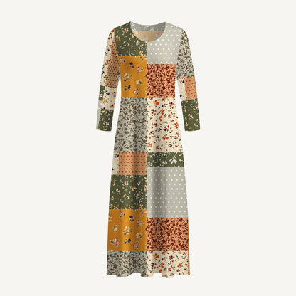 Rustic Floral Patchwork Print Soft-Touch Stretch Knit Long Sleeve Maxi Dress with Pockets