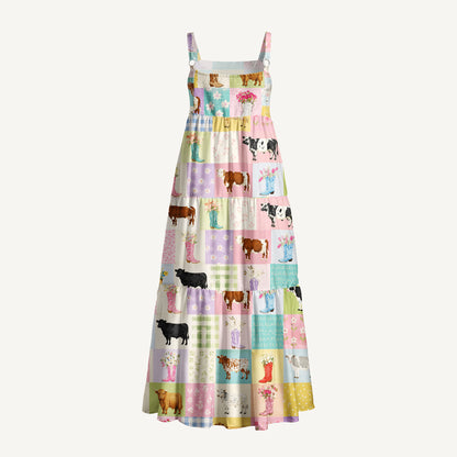 Pastel Patchwork Farmyard Print Wide Straps Maxi Dress With Pockets