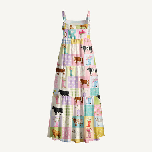 Pastel Patchwork Farmyard Print Wide Straps Maxi Dress With Pockets
