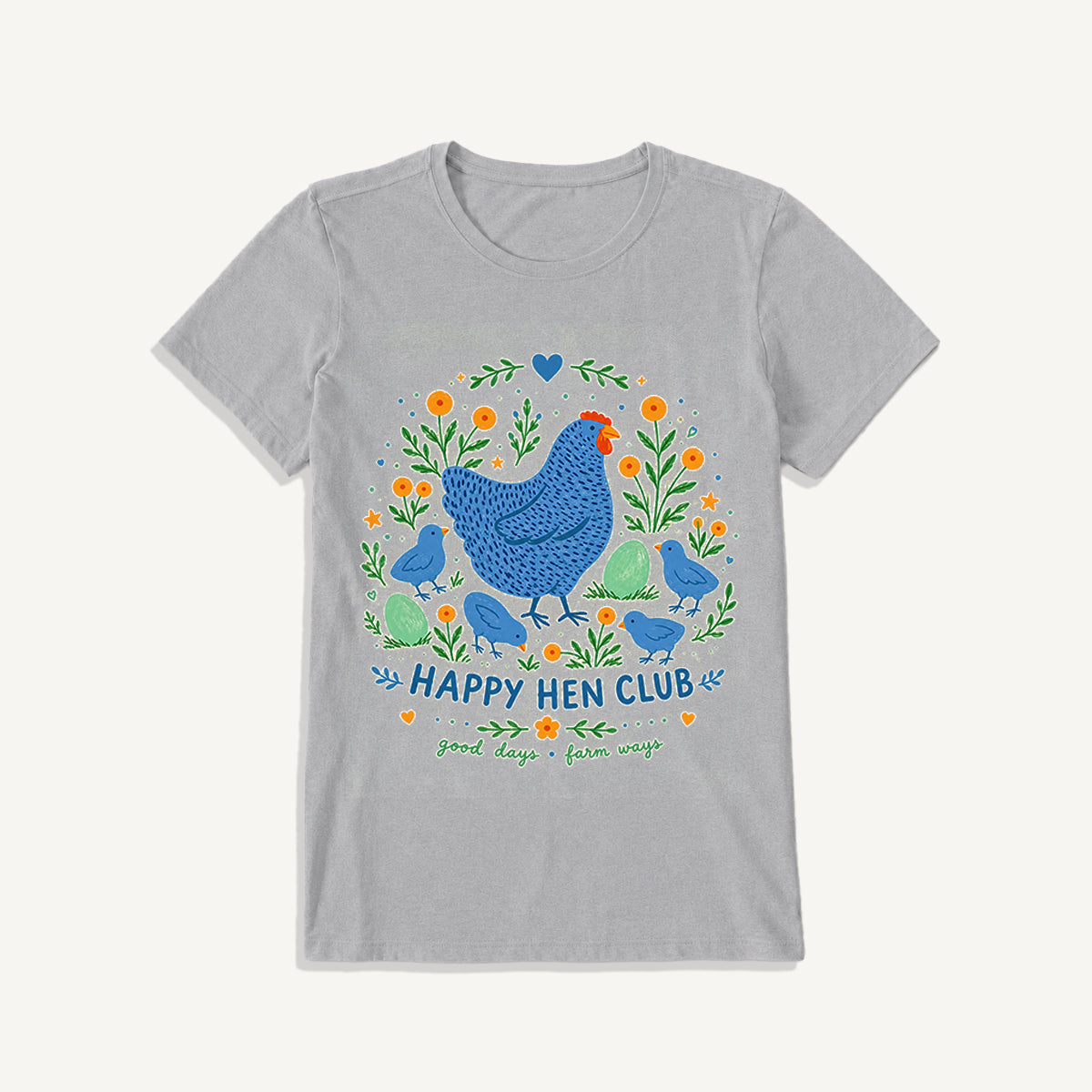 Blue Hen and Chicks Garden Print Crew Neck Cotton Tee