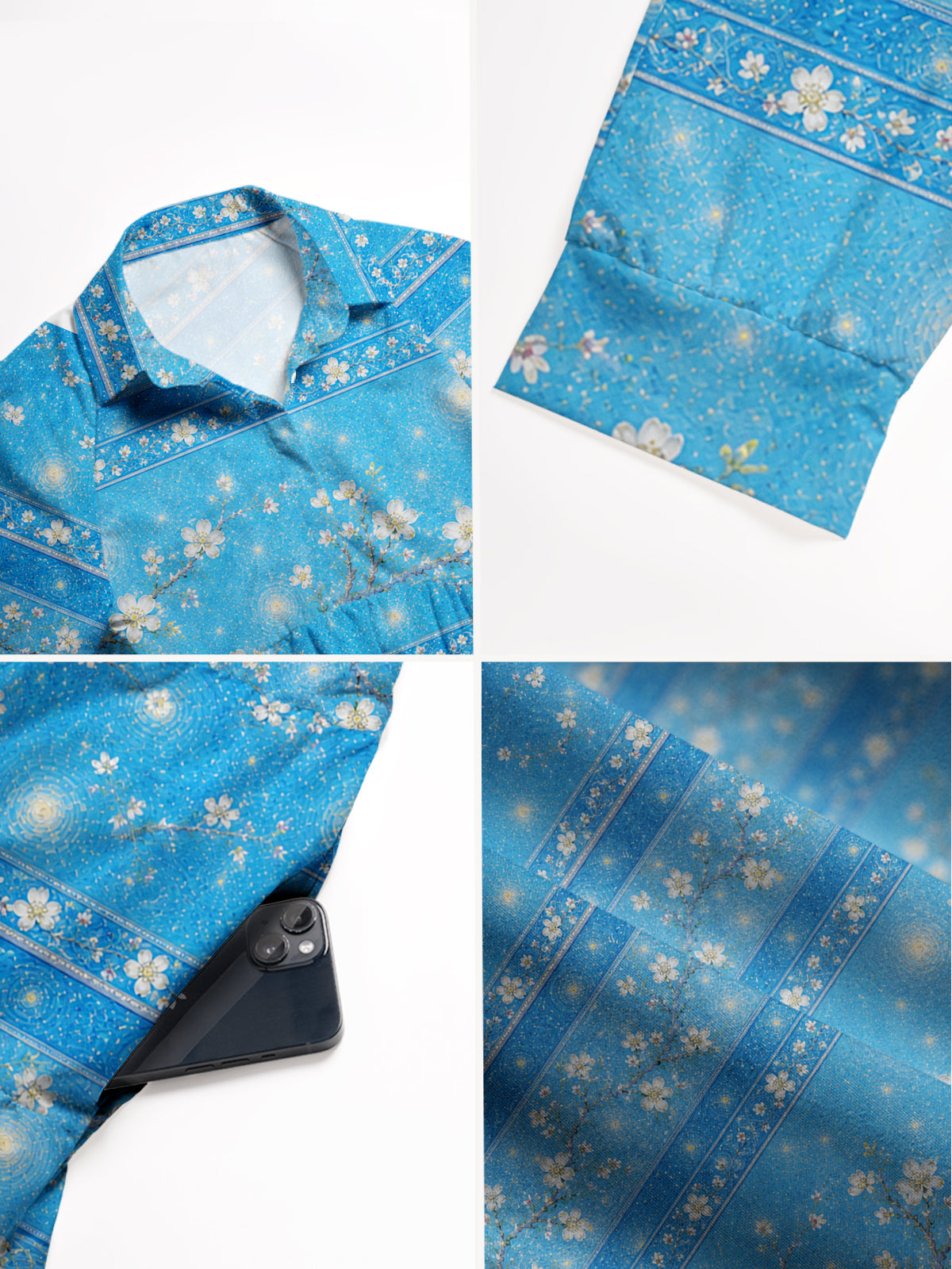 V Neck Collared Night Garden Starry Print Casual Midi Dress With Pockets