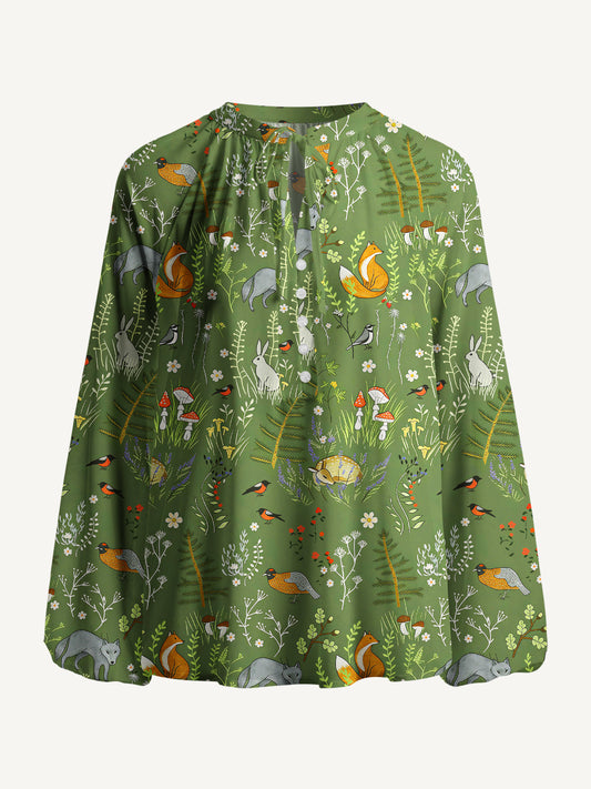 Whimsical Woodland Animals Print Boho Long Sleeve Tie‑Neck Blouse