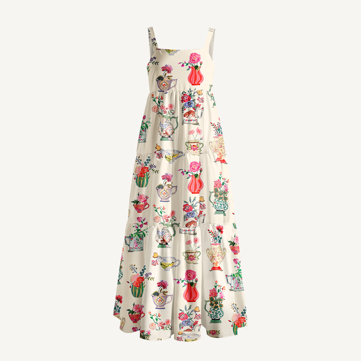 Colorful Flower Vase Print Wide Straps Maxi Dress With Pockets