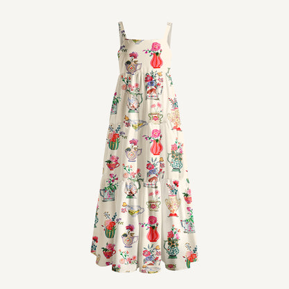 Colorful Flower Vase Print Wide Straps Maxi Dress With Pockets