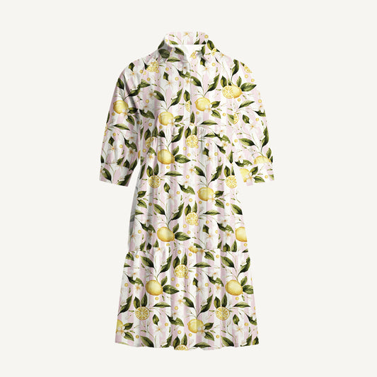 V Neck Collared Lemon Grove Sunshine Print Mini Dress For Women With Pockets