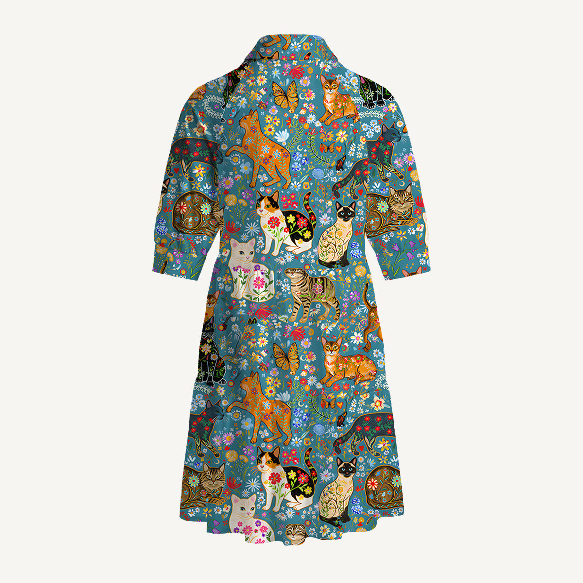 V Neck Collared Colorful Garden Cat Mini Dress For Women With Pockets