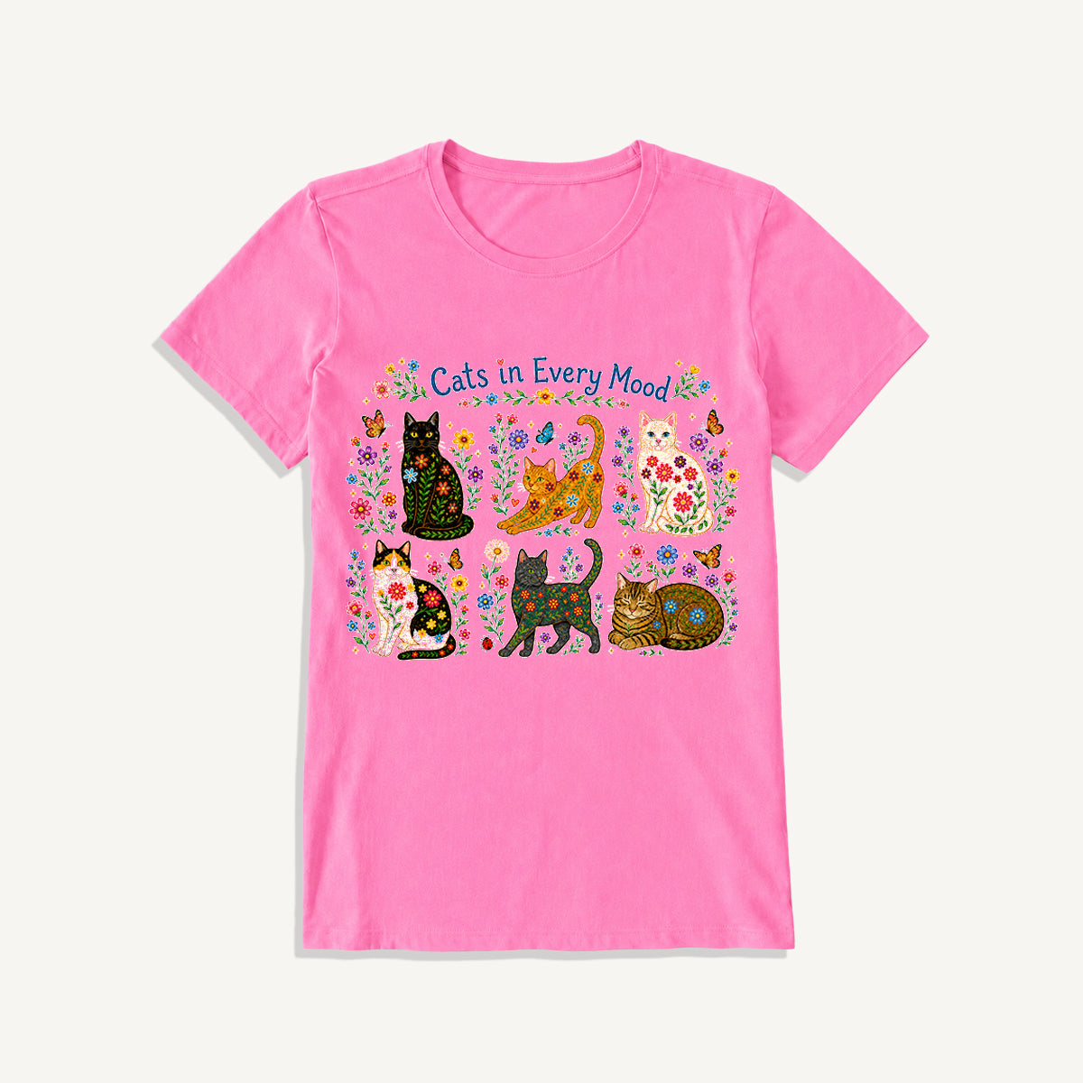 Cats in Every Mood Print Crew Neck Cotton Tee