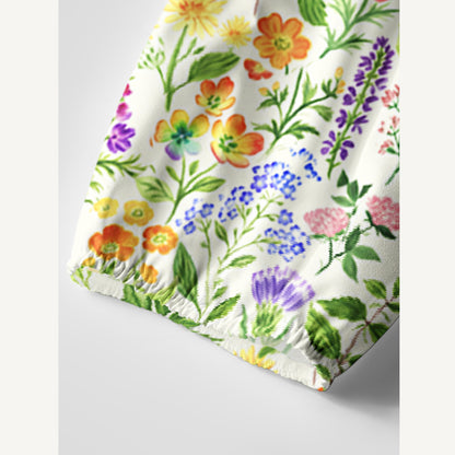 Colorful Wildflower Meadow Print Boho Long Sleeve Tie‑Neck Smock Mini Dress
