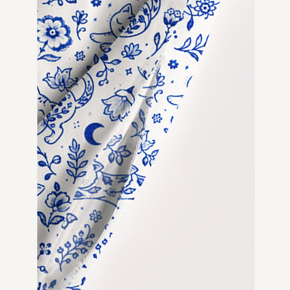 Delft Blue Bloom Cat Dream Print Wide Straps Maxi Dress With Pockets