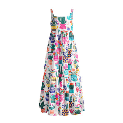 Cactus and Flowers Print Wide Straps Maxi Dress With Pockets
