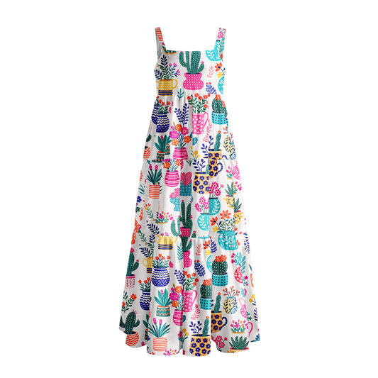Cactus and Flowers Print Wide Straps Maxi Dress With Pockets