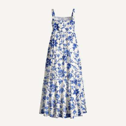 Delft Blue Vintage Floral Print Wide Straps Maxi Dress With Pockets