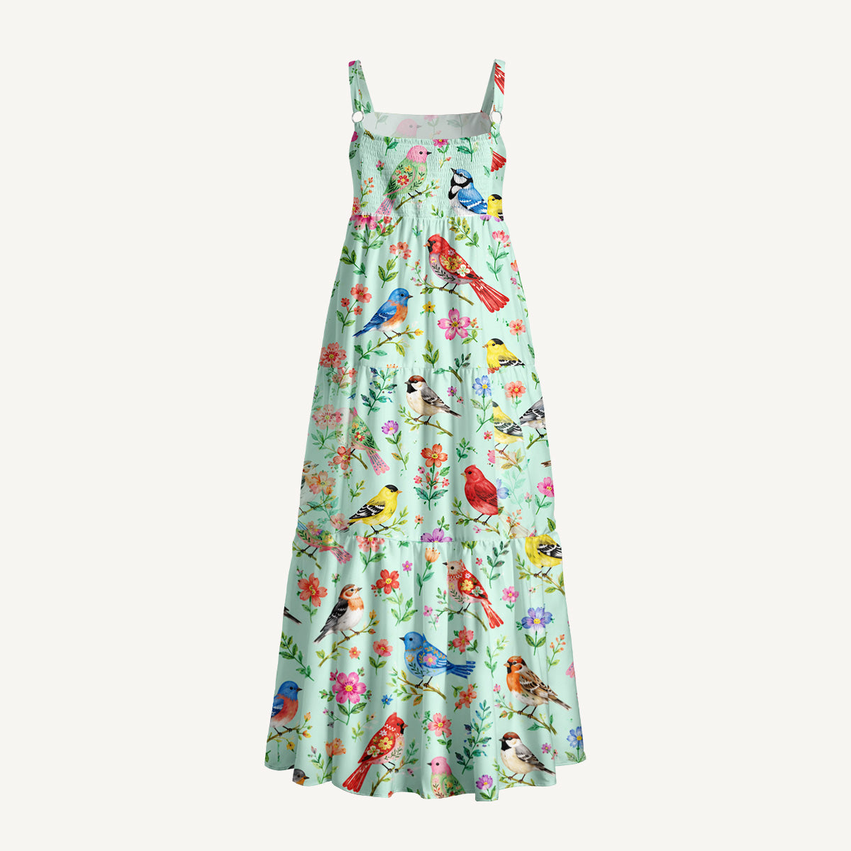 Colorful Songbird Garden Print Wide Straps Maxi Dress With Pockets