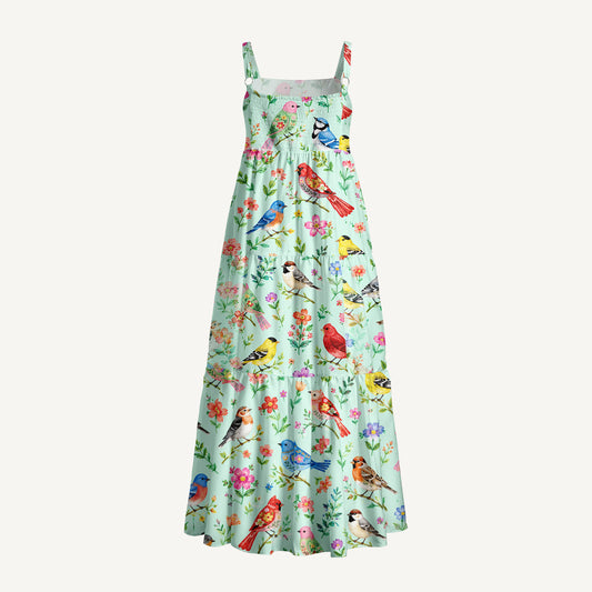 Colorful Songbird Garden Print Wide Straps Maxi Dress With Pockets