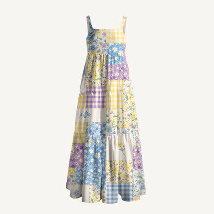 Square Neck Floral Meadow Patchwork Print Wide Straps Maxi Dress With Pockets
