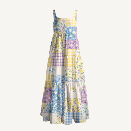 Square Neck Floral Meadow Patchwork Print Wide Straps Maxi Dress With Pockets