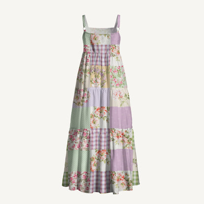 Creamy Garden Patchwork Printed Wide Straps Maxi Dress With Pockets