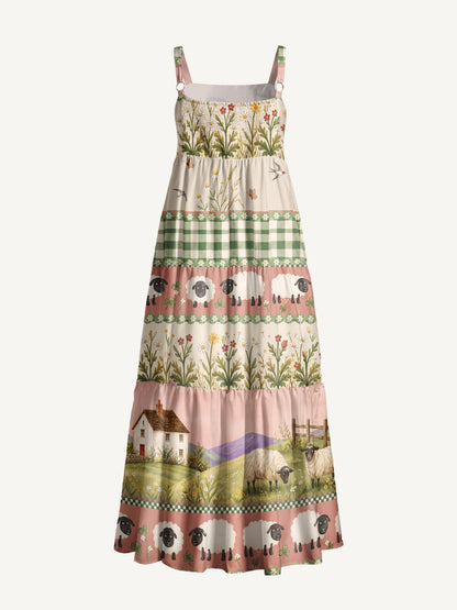 Pastoral Daydream Cottage Print Wide Straps Maxi Dress With Pockets