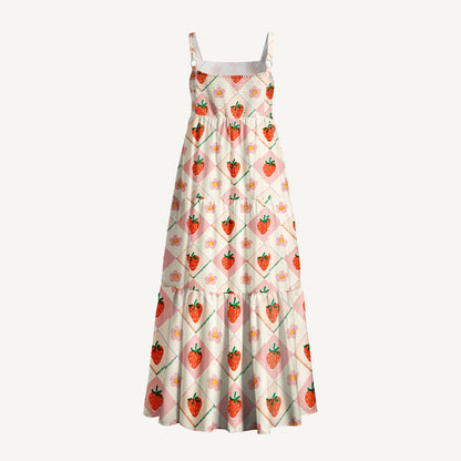 Strawberry Check Print Wide Straps Maxi Dress With Pockets