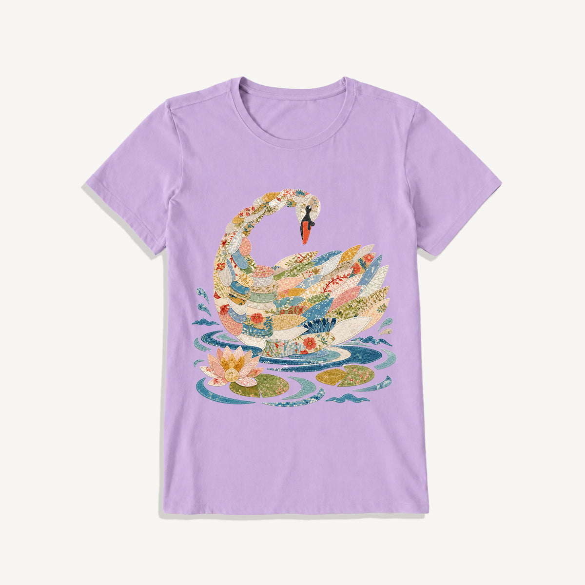 Patchwork Swan Garden Print Crew Neck Cotton Tee