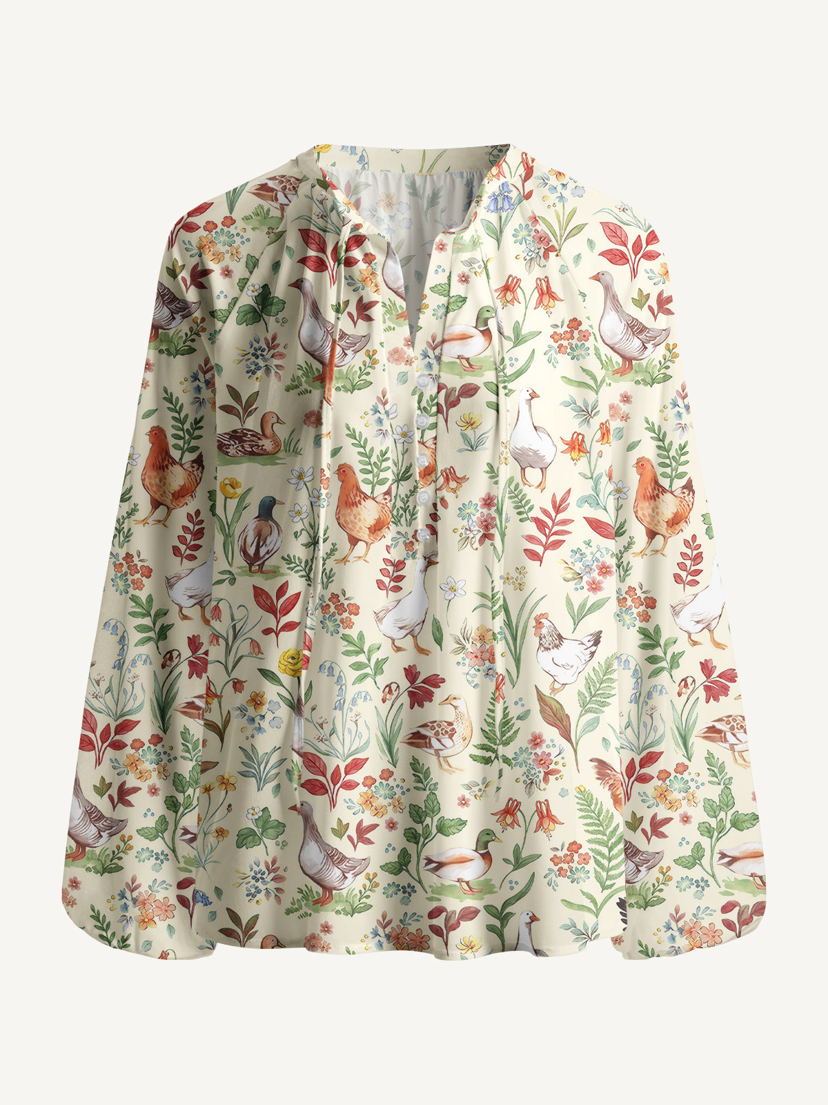 Countryside Garden Critter Print Boho Long Sleeve Tie‑Neck Blouse