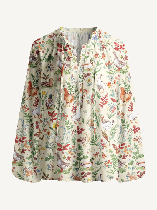 Countryside Garden Critter Print Boho Long Sleeve Tie‑Neck Blouse