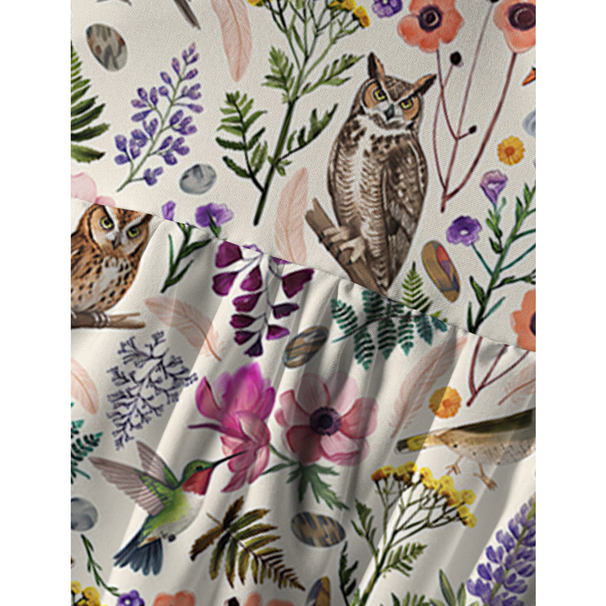 Whimsical Woodland Birds Wildflowers Print Spaghetti Strap Mini Dress