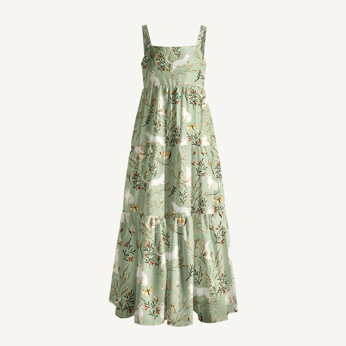 Enchanted Meadow Cat Print Wide Straps Maxi Dress With Pockets