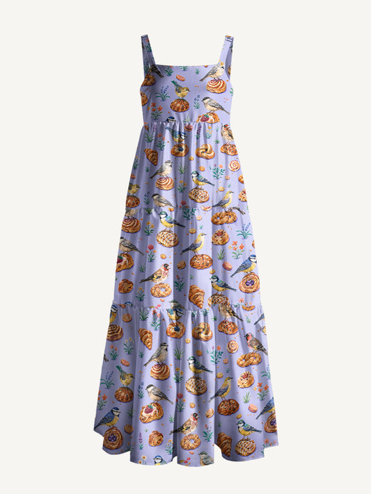Pigeon Pastry Party Print Wide Straps Maxi Dress With Pockets