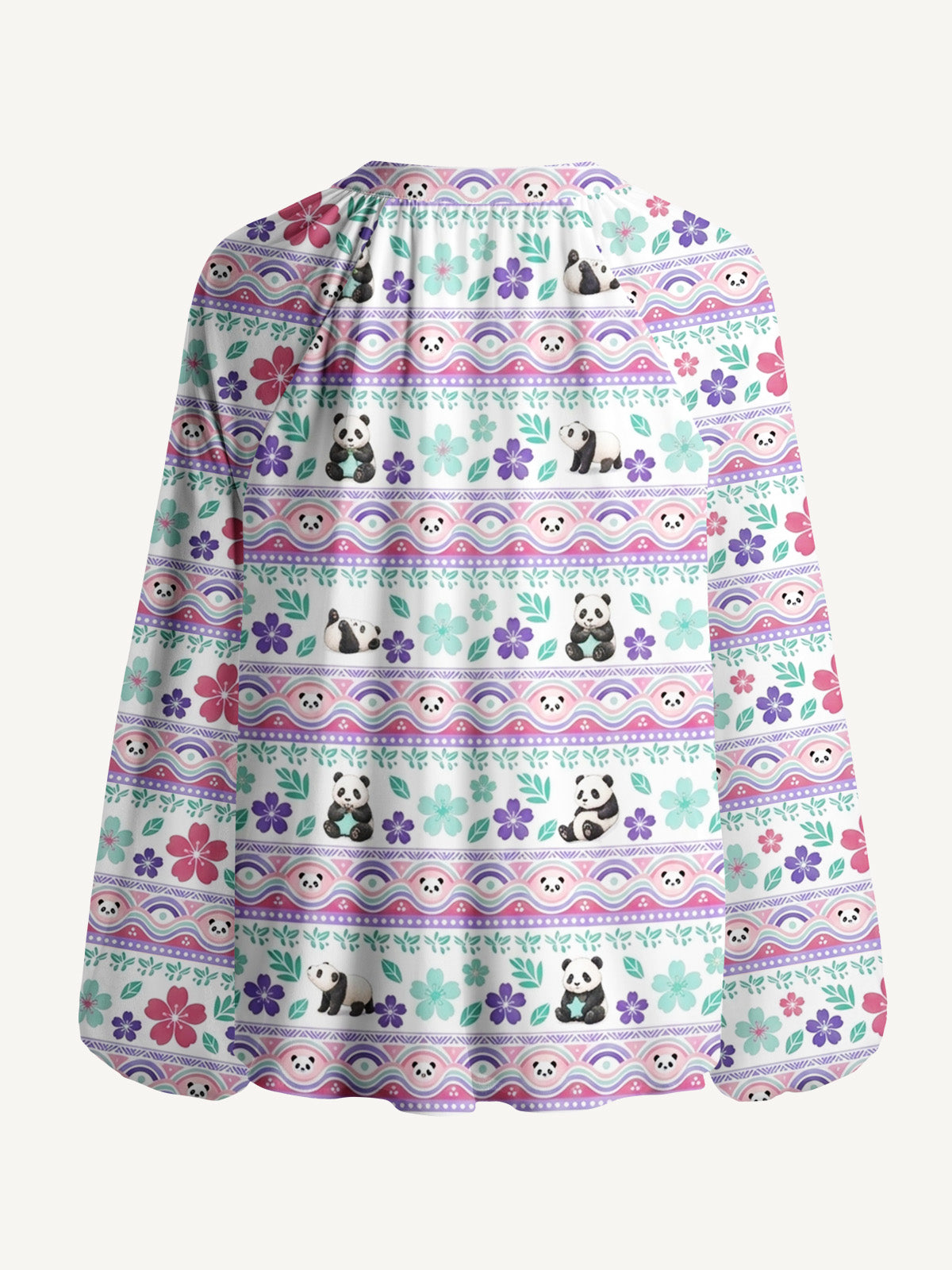 Panda Carnival Print Boho Long Sleeve Tie‑Neck Blouse