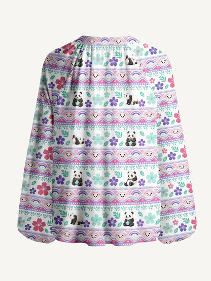 Panda Carnival Print Boho Long Sleeve Tie‑Neck Blouse