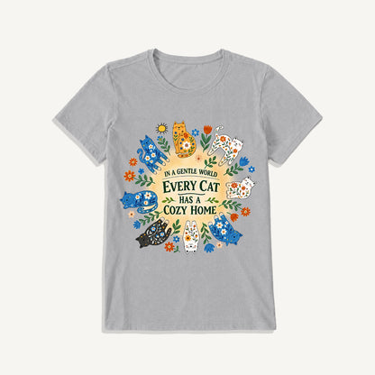 Floral Cats Cozy Home Print Crew Neck Cotton Tee
