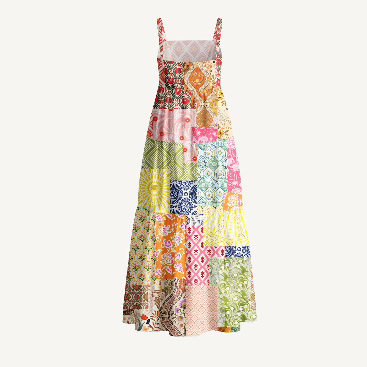 Colorful Bohemian Patchwork Print Cotton Wide Straps Maxi Dress With Pockets